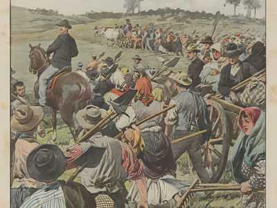 Nella retrocopertina del 6 ottobre 1907 � invece raffigurata l�occupazione dei terreni demaniali nelle campagne di Bari da parte di ottomila contadini. Uno dei tanti tumulti popolari del Meridione di allora, in cui le pessime condizioni di lavoro portarono alla ribellione nei confronti dei ricchi proprietari terrieri